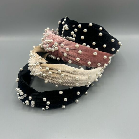 Lot of 4 Pearl-Studded Knot Headbands - Black, Pink, Cream - Picture 1 of 3